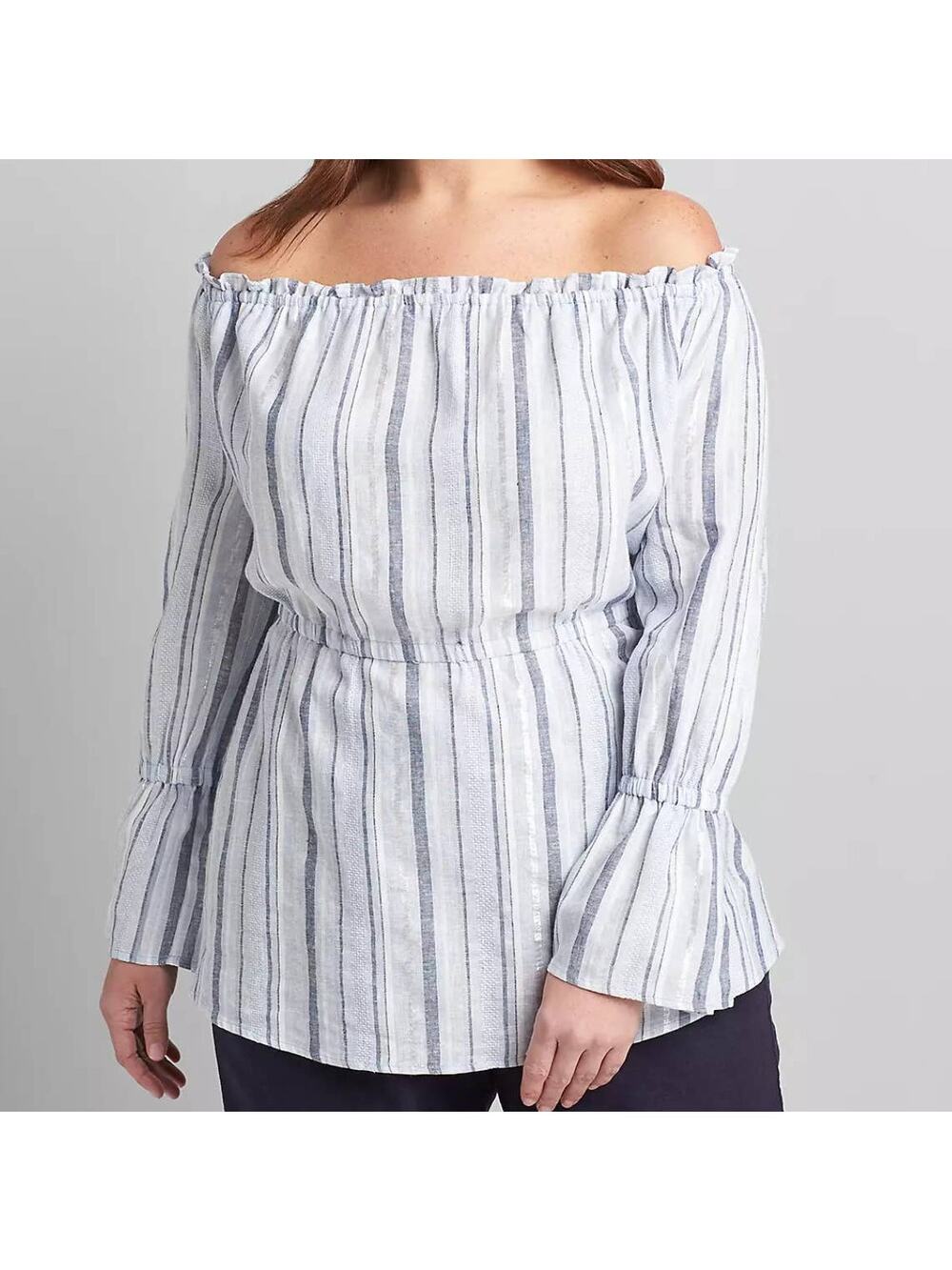 NEW Lane Bryant Off The Shoulder Top Women's Plus Size 14/16 Blue Striped Linen